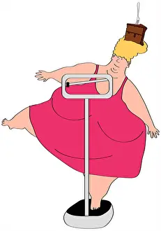 Barefoot Prints: Overweight woman standing on weight scale on one leg, illustration