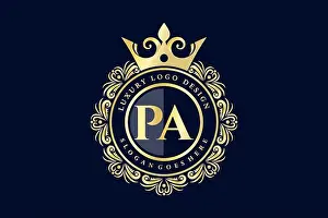 Calligraphic Prints: PA Initial Letter Gold calligraphic feminine floral hand drawn heraldic monogram antique vintage style luxury logo