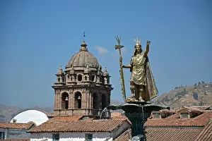 Cusco Prints: The Pachacuti fountain is the center of the Plaza de Armas in the city of Cuzco