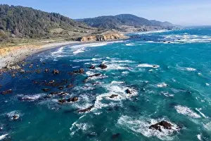 The Pacific Ocean meets the rocky shore of Northern California in Mendocino. This scenic region is known for its beautiful, rugged coastlines