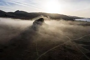 The Pacific Ocean washes against the scenic coastline of northern California in Sonoma. This region is often covered by a thick marine layer of mist