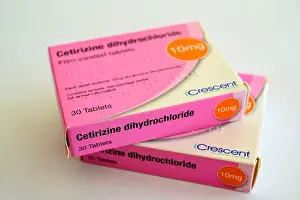Tablets Prints: Packets of Cetirizine dihydrochloride antihistamine tablets for allergy relief