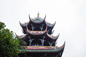 Chengdu Prints: Pagoda Building with Roof Details and Tree in front