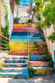 Destinations Prints: Painted and brightly coloured steps in the harbour town and popular tourist destination of Kalkan