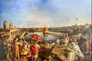 Indian Art Prints: This painting by August Schoefft depicts Maharaja Ranjit Singh at the Darbar Dahib