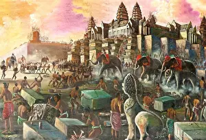 Painting depicting a historical account of the construction of Angkor Wat Temple in the 13th century