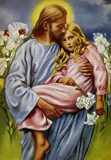 Young Girl Prints: Painting depicting Jesus Christ holding a young girl in his arms. Dated 20th Century