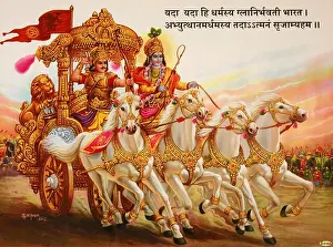 painting depicting the scene in Bhagavad gita where Lord Krishna enters the battle field with Arjuna. Also called rathakalpana