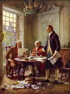 Father Prints: Painting by Jean Leon Gerome Ferris showing the Founding Fathers drafting the US Declaration of Independence in 1776