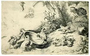 Farmyard Prints: This painting by Schultz depicts a serene farm scene with chickens and a cat