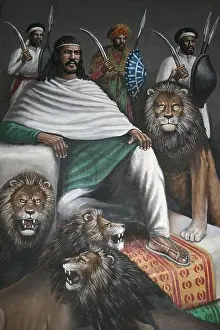 Abyssinia Prints: Painting Showing Tewodros holding audience, surrounded by lions
