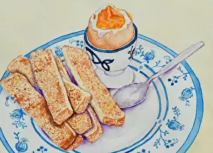 Toast Prints: Painting of Soft Boiled in Egg in Eggcup on plate with Toast