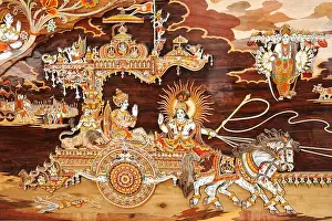 Mela Prints: Painting on wood of Arjun and Lord Krishna from Mahabharat Surajkund fair Haryana India Asia