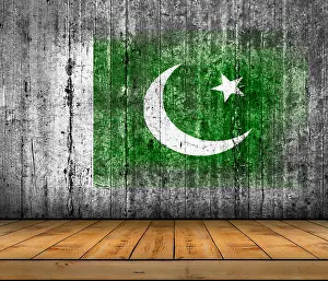Stains Prints: Pakistan flag painted on background texture gray concrete with wooden floor