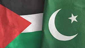 Pakistan and Palestine two flags textile cloth 3D rendering