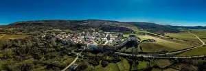 Palazuelos aerial panorama view of medieval walled town in Guadalajara Spain