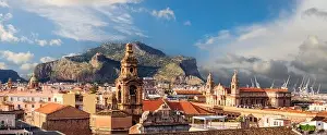 Palermo, Italy with landmark buildings towards Monte Pellegrino