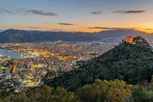 Palermo, Sicily, Italy skyline overlooking the port at dusk