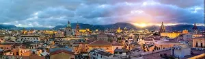 Palermo, Sicily town skyline with landmark towers at dusk
