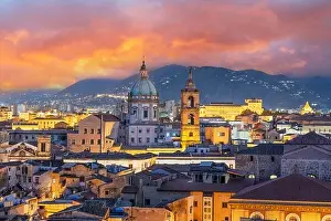 Palermo, Sicily town skyline with landmark towers at dusk