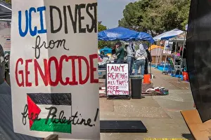 Encampment Prints: Palestinian students at the Irvine campus of the University of California build an encampment protesting