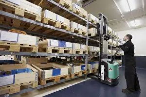 Shelves Prints: Pallets in warehouse, forklift, spindle manufacturing. Mendaro, Gipuzkoa, Euskadi, Spain