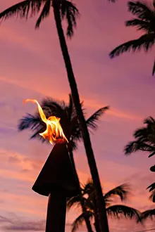 Honeymoon Prints: Palm tree silhouettes and the flame from a tiki torch dances at sunset in front of a colorful Hawaiian sky