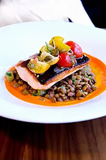 Sea Fish Prints: Pan-fried fillet of salmon on a bed of lentils with dried tomato jus and cherry tomato salsa