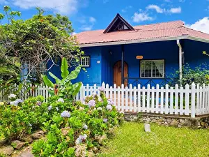 Tree House Prints: Panama, Boquete, outdoor view of a blue wooden house
