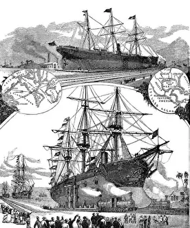 Vintage Engraving Prints: The Panama Canal Railway is a railway line linking the Atlantic Ocean to the Pacific Ocean in Central America