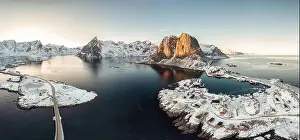 Horizon House Prints: Panorama aerial view of archipelago of arctic ocean with fishing village in winter at Hamnoy