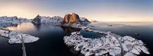 Horizon House Prints: Panorama aerial view of archipelago of arctic ocean with fishing village in winter at Hamnoy