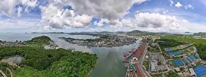 Phuket Thailand Prints: Panorama aerial view of fishing village and large fishing port around the island in Phuket city Thailand