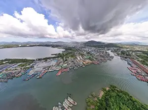 Panorama aerial view of fishing village and large fishing port around the island in Phuket city Thailand
