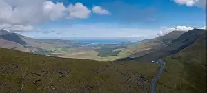 Panorama aerial view of the Mountains of the Central Dingle Peninsula and Connor Pass in County Kerry of Ireland