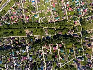 Suburbia Prints: Panorama aerial view on new development neighborhood in Novosibirsk