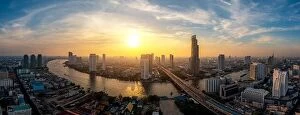 Images Dated 6th April 2015: Panorama of Bangkok business district skyline and office skyscraper with Chao Phraya River during
