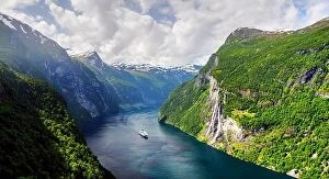 Images Dated 11th July 2017: Panorama of breathtaking view of Sunnylvsfjorden fjord and famous Seven Sisters waterfalls