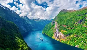 Norge Prints: Panorama of breathtaking view of Sunnylvsfjorden fjord and famous Seven Sisters waterfalls
