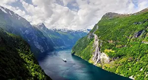 Landscape Prints: Panorama of breathtaking view of Sunnylvsfjorden fjord and famous Seven Sisters waterfalls