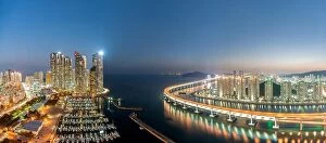 Images Dated 8th November 2017: Panorama of Busan city skyline view at Haeundae district, Gwangalli Beach with yacht pier at