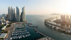 Panorama of Busan city skyline view at Haeundae district, Gwangalli Beach with yacht pier at Busan, South Korea