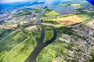 Water Transportation Prints: Panorama of the city from a bird's eye view. Panorama of Szczecin city view from above