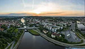 Panorama of the city of Regensburg in Bavaria with the river Danube the illuminated cathedral