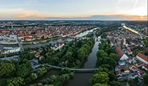 Panorama of the city of Regensburg in Bavaria with the river Danube the illuminated cathedral