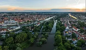 Upper Palatinate Prints: Panorama of the city of Regensburg in Bavaria with the river Danube the illuminated cathedral
