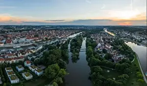 Upper Palatinate Prints: Panorama of the city of Regensburg in Bavaria with the river Danube the illuminated cathedral