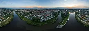 Panorama of the city of Regensburg in Bavaria with the river Danube the illuminated cathedral