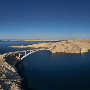 Panorama of croatian Paski most bridge connecting mainland with island Pag in Dalmatia