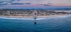 Beach Scene Prints: Panorama Crystal Pier Pacific Beach San Diego sunrise aerial
